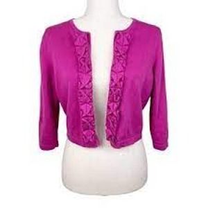 Lilly Pulitzer size L magenta pink crop 3/4 sleeve ruffle trim cardigan sweater